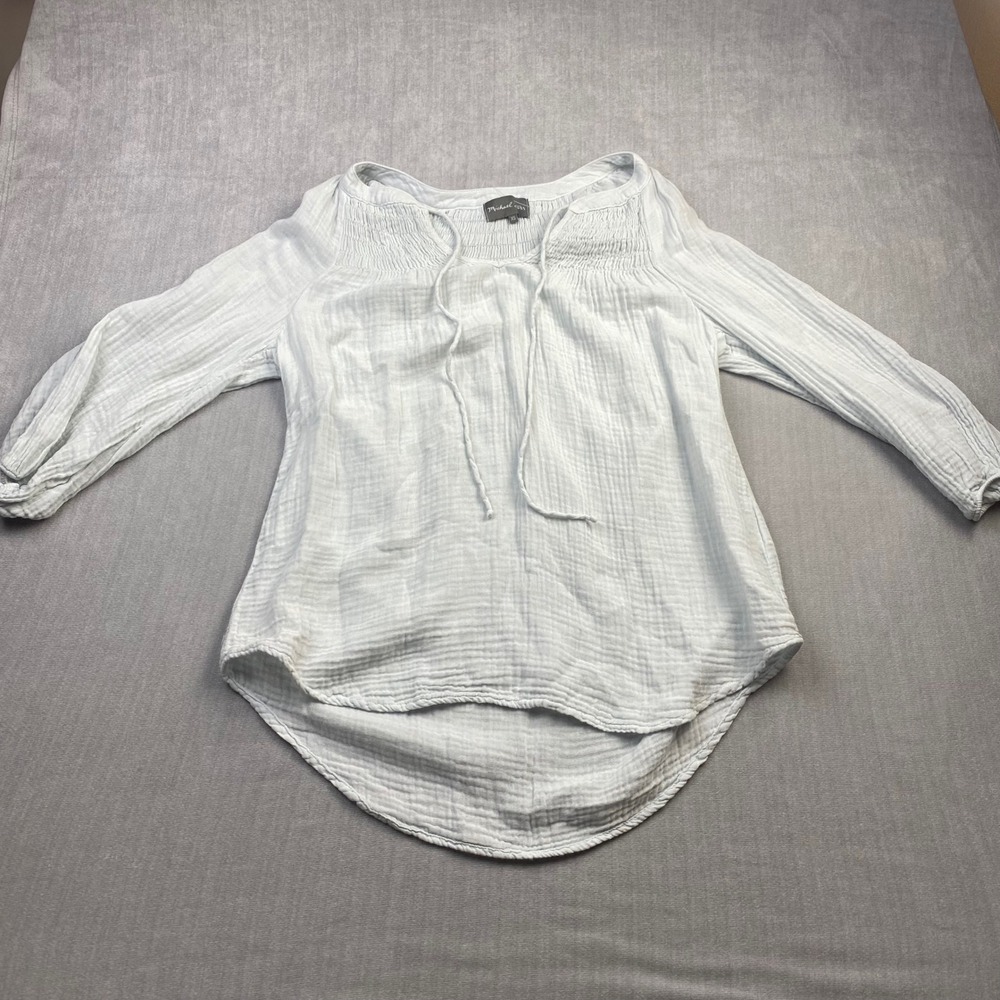 Michael Stars Womens XS Light Blue Cotton Gauze Smocked Tie Neck Blouse‎ DMG61